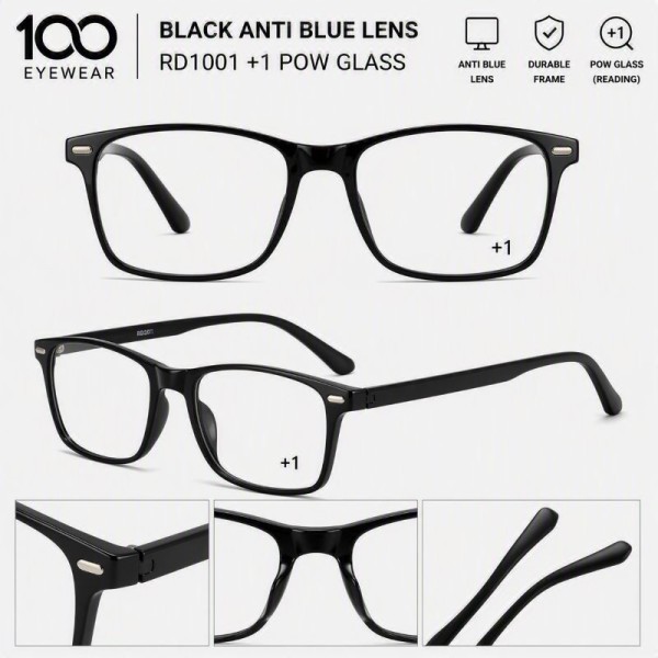 100 EYEWEAR BLACK ANTI BLUE LENS RD1001 +1 POW GLASS