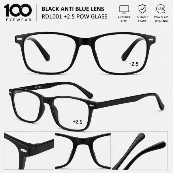 100 EYEWEAR BLACK ANTI BLUE LENS RD1001 +2.5 POW GLASS