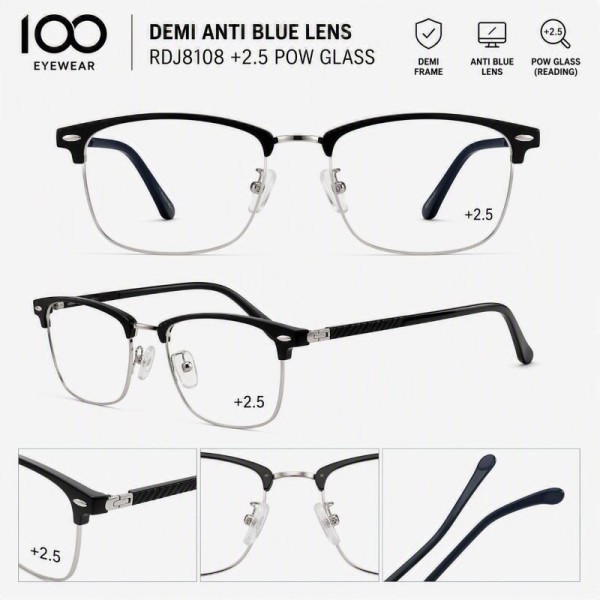 100 EYEWEAR DEMI ANTI BLUE LENS RDJ8108 +2.5 POW GLASS