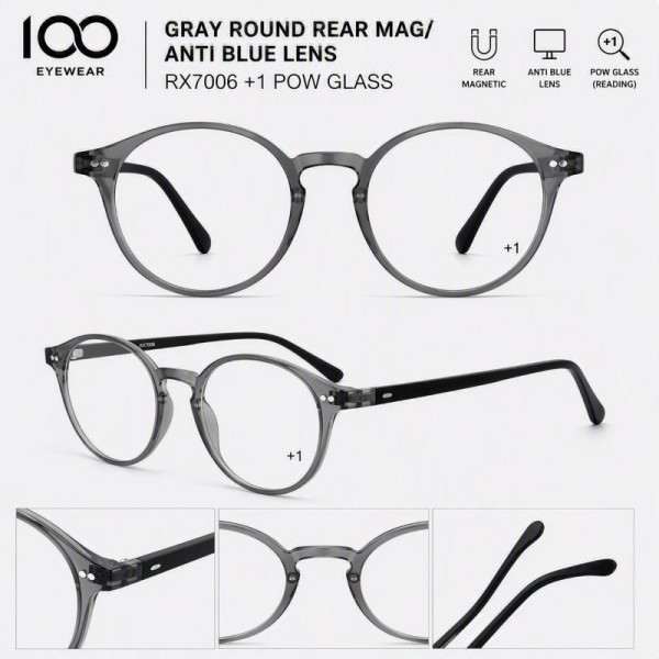 100 EYEWEAR GRAY ROUND REAR MAG/ ANTI BLUE LENS RX7006 +1 POW GLASS