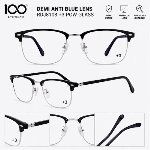 100 EYEWEAR DEMI ANTI BLUE LENS RDJ8108 +3 POW GLASS