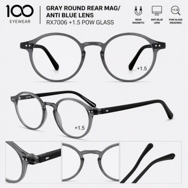 100 EYEWEAR GRAY ROUND REAR MAG/ ANTI BLUE LENS RX7006 +1.5 POW GLASS