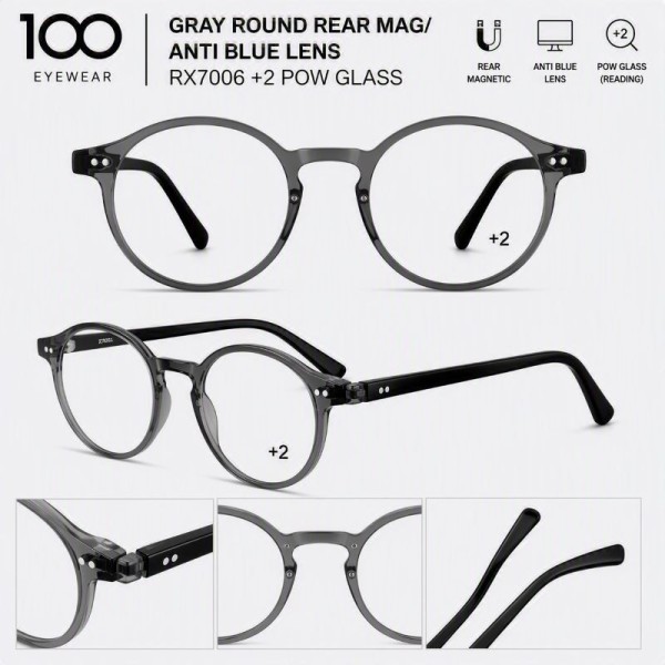 100 EYEWEAR GRAY ROUND REAR MAG/ ANTI BLUE LENS RX7006 +2 POW GLASS
