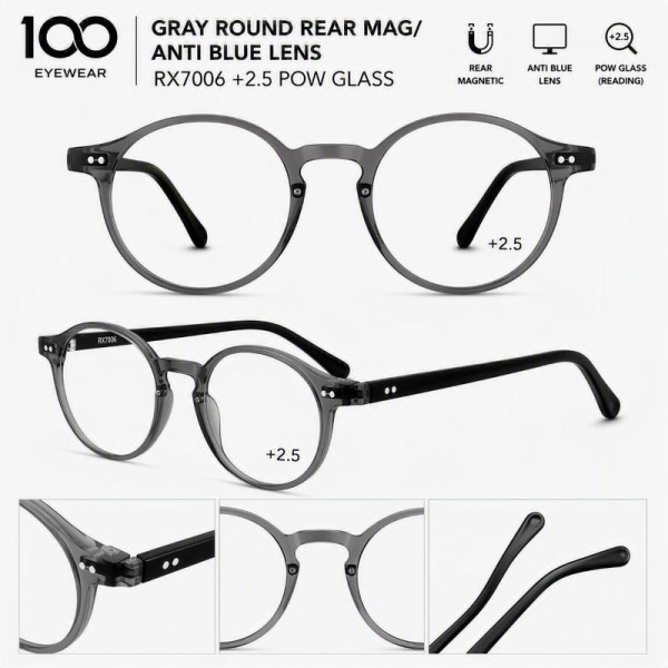 100 EYEWEAR GRAY ROUND REAR MAG/ ANTI BLUE LENS RX7006 +2.5 POW GLASS