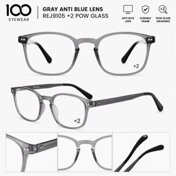 100 EYEWEAR GRAY ANTI BLUE LENS REJ9105 +2 POW GLASS