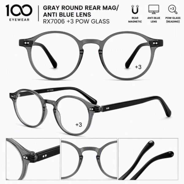 100 EYEWEAR GRAY ROUND REAR MAG/ ANTI BLUE LENS RX7006 +3 POW GLASS