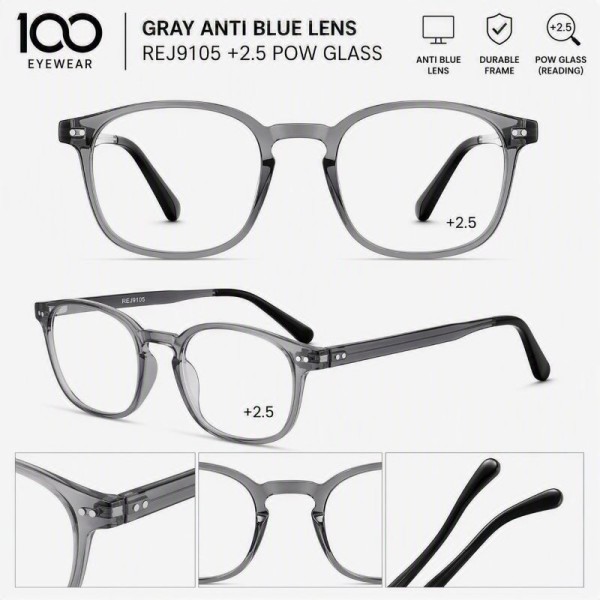 100 EYEWEAR GRAY ANTI BLUE LENS REJ9105 +2.5 POW GLASS