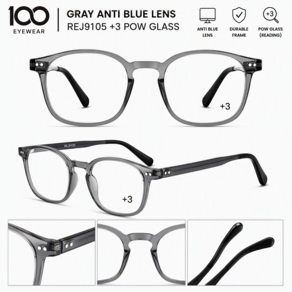 100 EYEWEAR GRAY ANTI BLUE LENS REJ9105 +3 POW GLASS