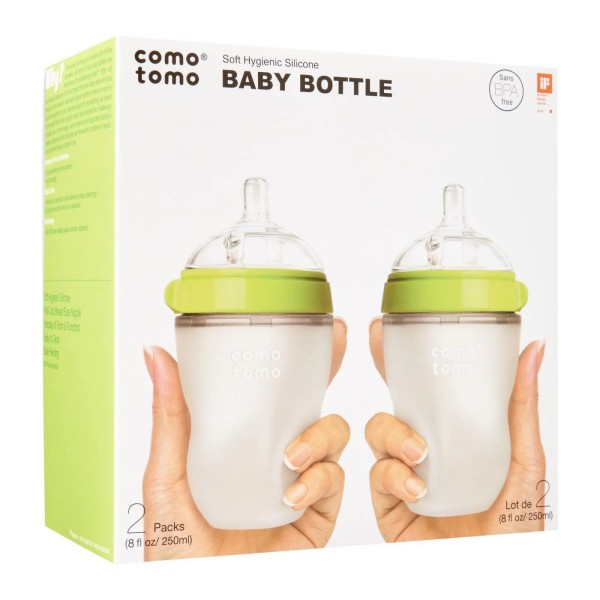 Comotomo Soft Hygienic Silicon Baby Bottle 2/Pack-Green&White-250 Ml